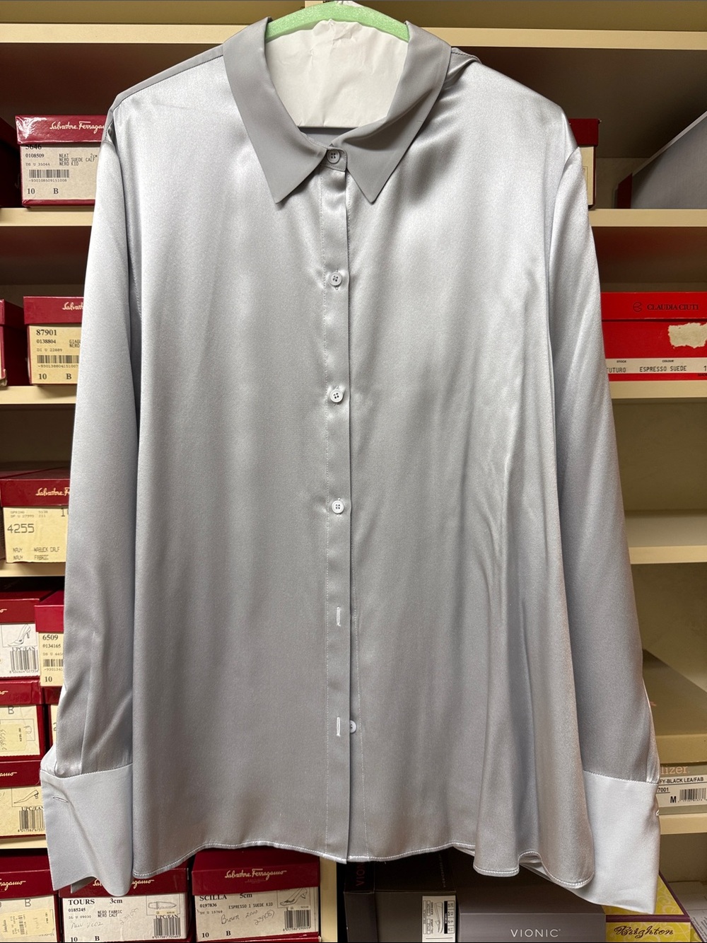 Lafayette 148 New York Silver 100% silk Button-Up Shirt